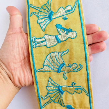 Beige Fabric Trim With Embroidered Dancers And Musicians in Gold & Black / Blue, Dance Music Trims, Approx. 80mm - 210119L514 / 15